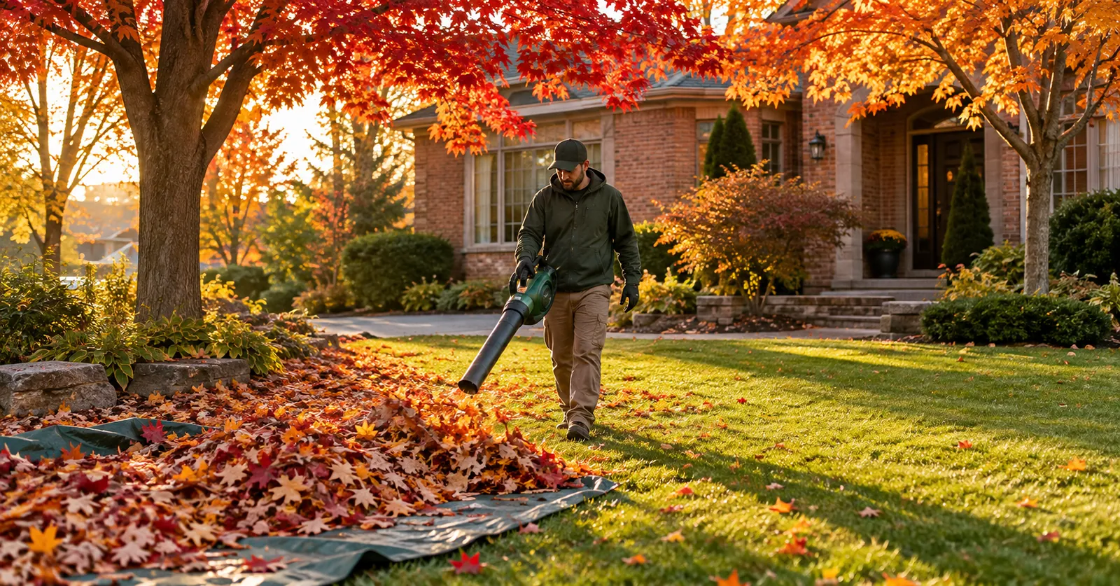 Crew member clearing autumn leaves from the front lawn of a brick home