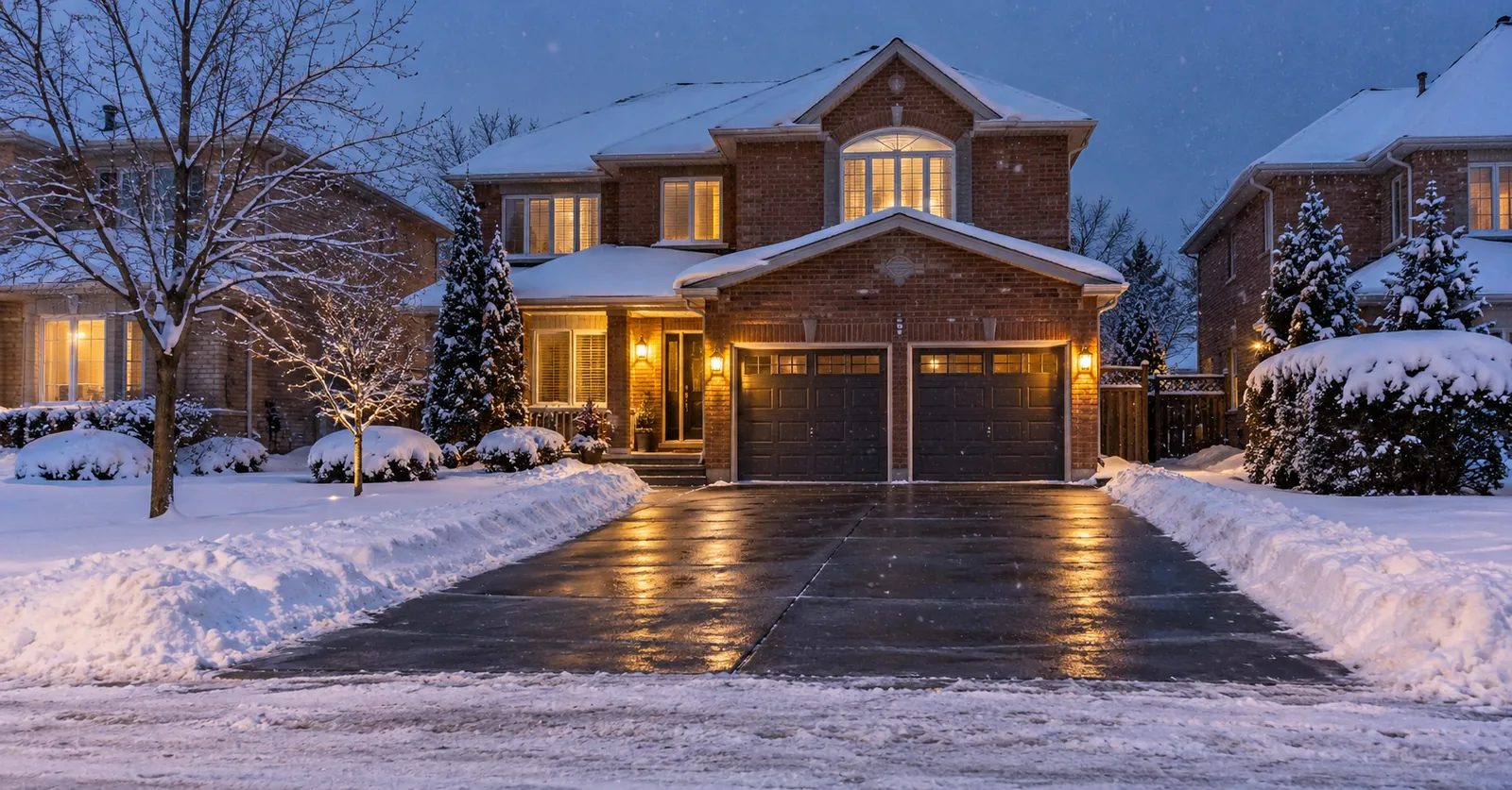 Snow cleared from a driveway of a brick home in Mississauga at dusk